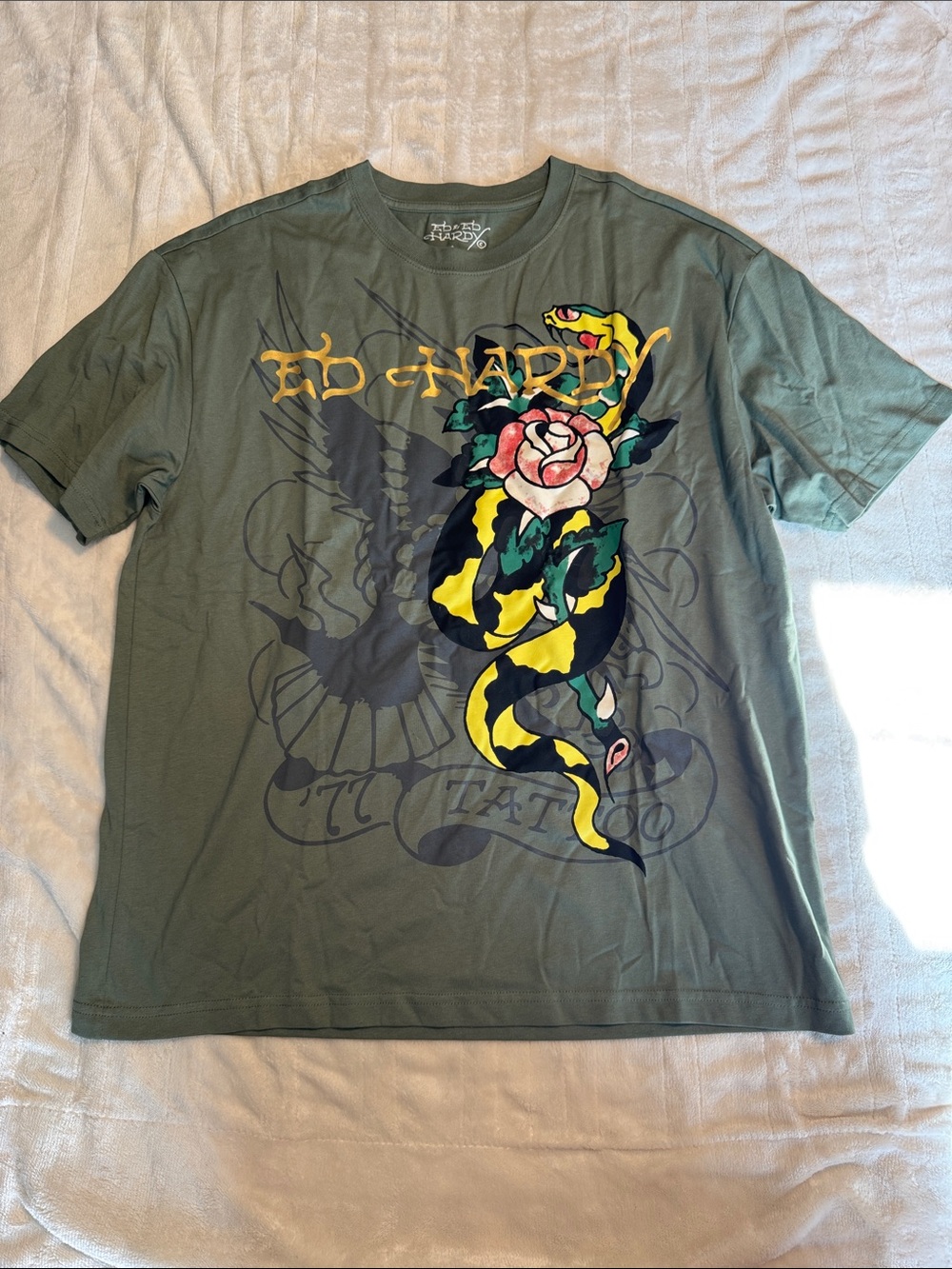 Ed Hardy Olive Short Sleeve Tee with Yellow & Pink Snake Rose Graphic